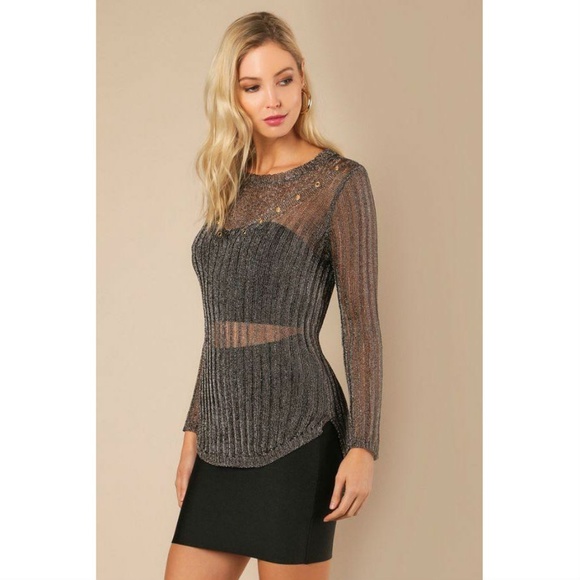 Gunmetal Long Sheer Metallic Sweater Top - Picture 2 of 3